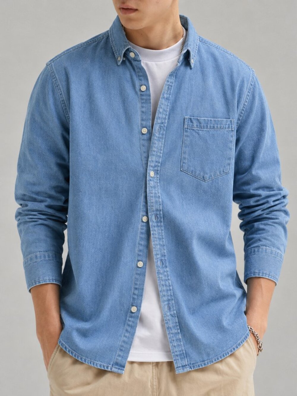 ASOS DESIGN Denim Button Down Shirt XL Blue Stretch Cotton Pocket NWT Casual